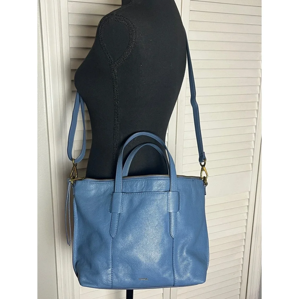 Fossil Blue Skylar Satchel Leather Shoulder Crossbody Bag Purse